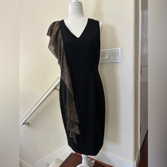 TAHARI ASL Women's Black Metallic-ruffle Cocktail Sheath Dress Reg $128 Size 10 - Picture 3 of 11